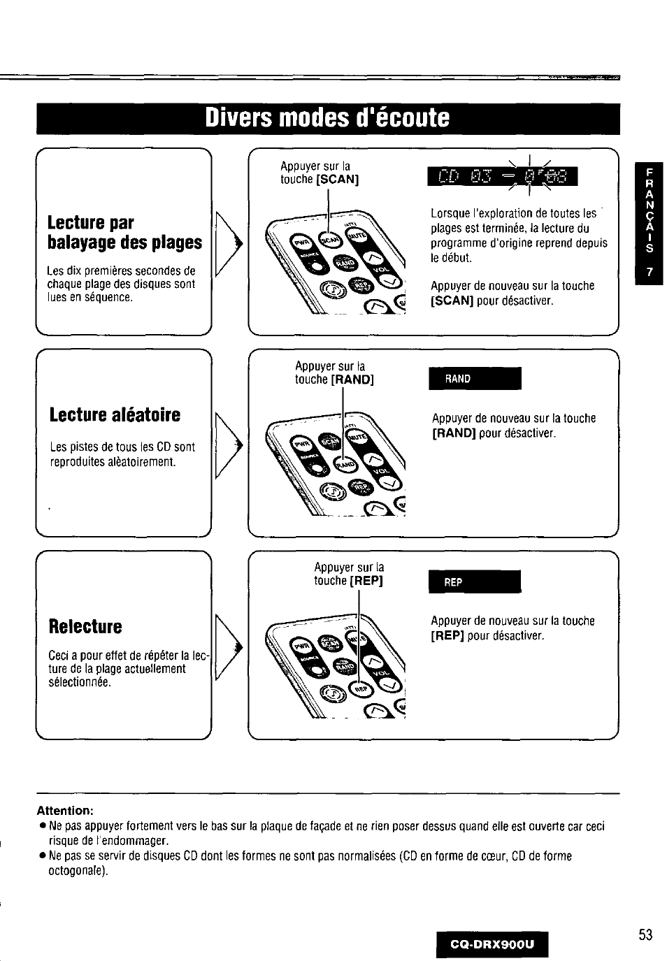 Divers modes d'écoute, Lecture par balayage des plages, Lecture aléatoire | Panasonic CQDRX900U User Manual | Page 53 / 124