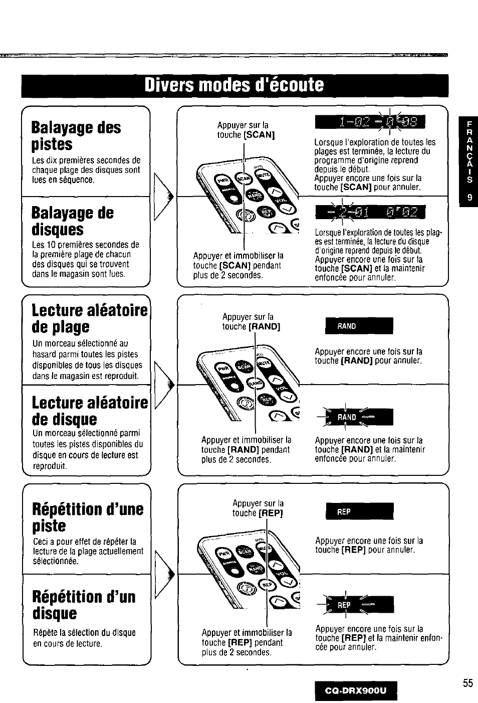 Divers modes d'écoute, Balayage des pistes, Balayage de disques | Lecture aléatoire de plage, Lecture aléatoire de disque, Répétition d’une piste, Répétition d’un disque | Panasonic CQDRX900U User Manual | Page 55 / 124