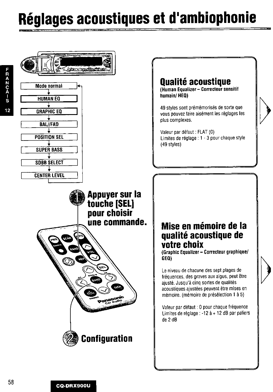 Réglages acoustiques et d'ambiophonie, Qualité acoustique | Panasonic CQDRX900U User Manual | Page 58 / 124