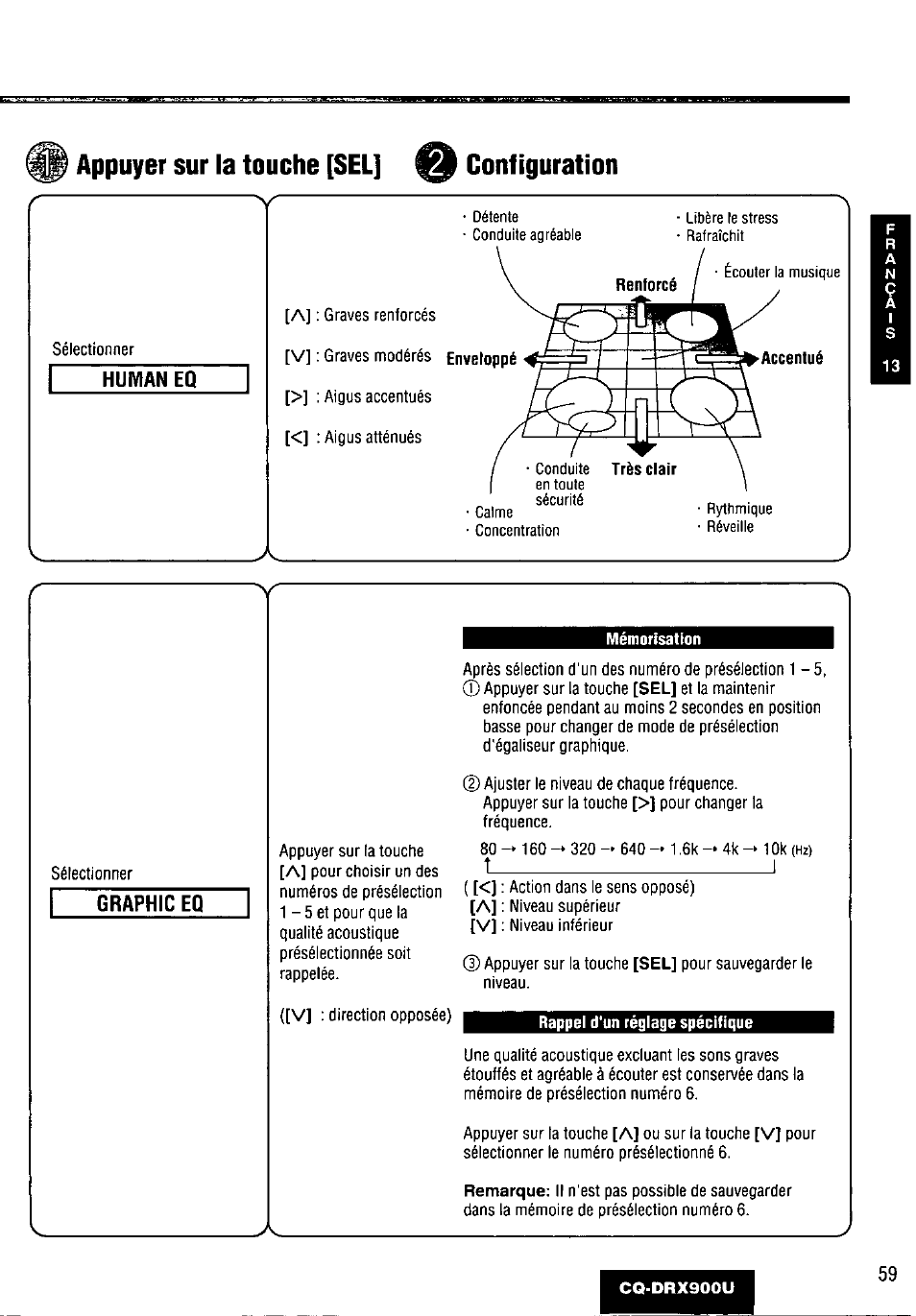 Human eq, Graphic eq, Appuyer sur la touche [sel] o configuration | Panasonic CQDRX900U User Manual | Page 59 / 124