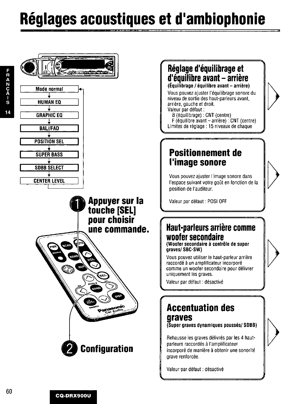 O configuration, Positionnement de i'image sonore, Haut-parleurs arrière comme woofer secondaire | Accentuation des graves, Réglages acoustiques et d'ambiophonie, Configuration | Panasonic CQDRX900U User Manual | Page 60 / 124