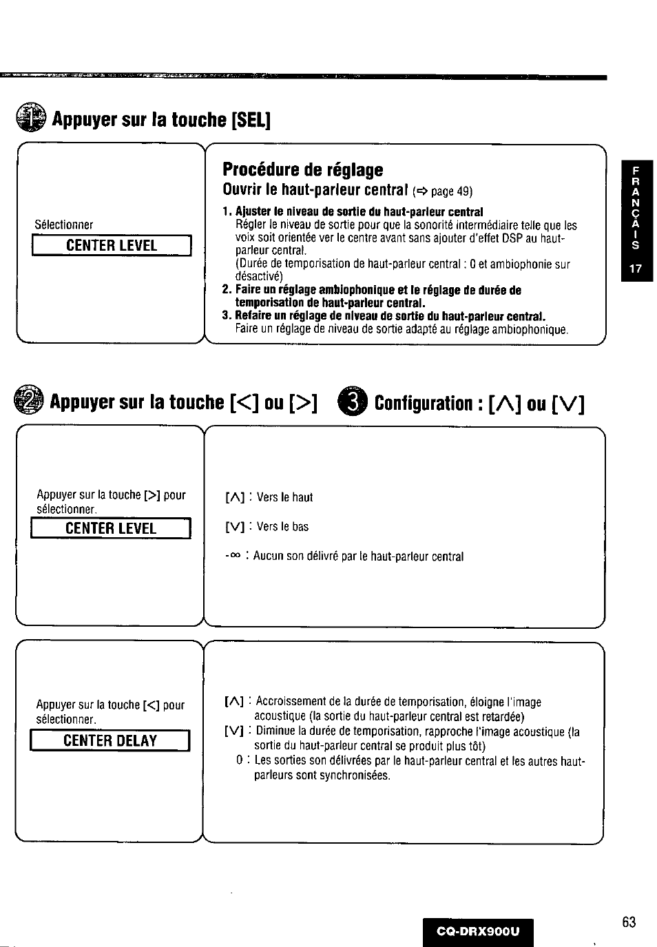 Center level, Center delay, Appuyer sur la touche [sel | Procédure de réglage | Panasonic CQDRX900U User Manual | Page 63 / 124