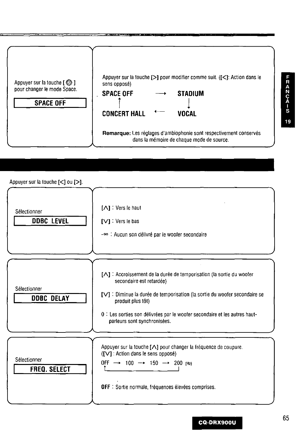 Space off, Concert hall, Stadium | Vocal, Odbc level, Odbc delay, Freq. select, Space off concert hall stadium vocal | Panasonic CQDRX900U User Manual | Page 65 / 124