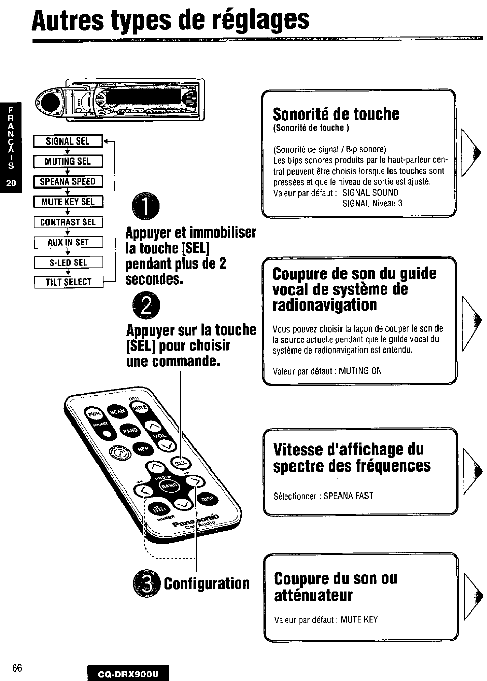 Autres types de réglages, Configuration, Sonorité de touche | Vitesse d'affichage du spectre des fréquences, Coupure du son ou atténuateur | Panasonic CQDRX900U User Manual | Page 66 / 124