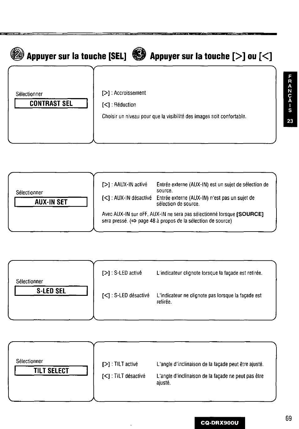 Contrast sel, Aux-in set, S-led sel | Tilt select | Panasonic CQDRX900U User Manual | Page 69 / 124