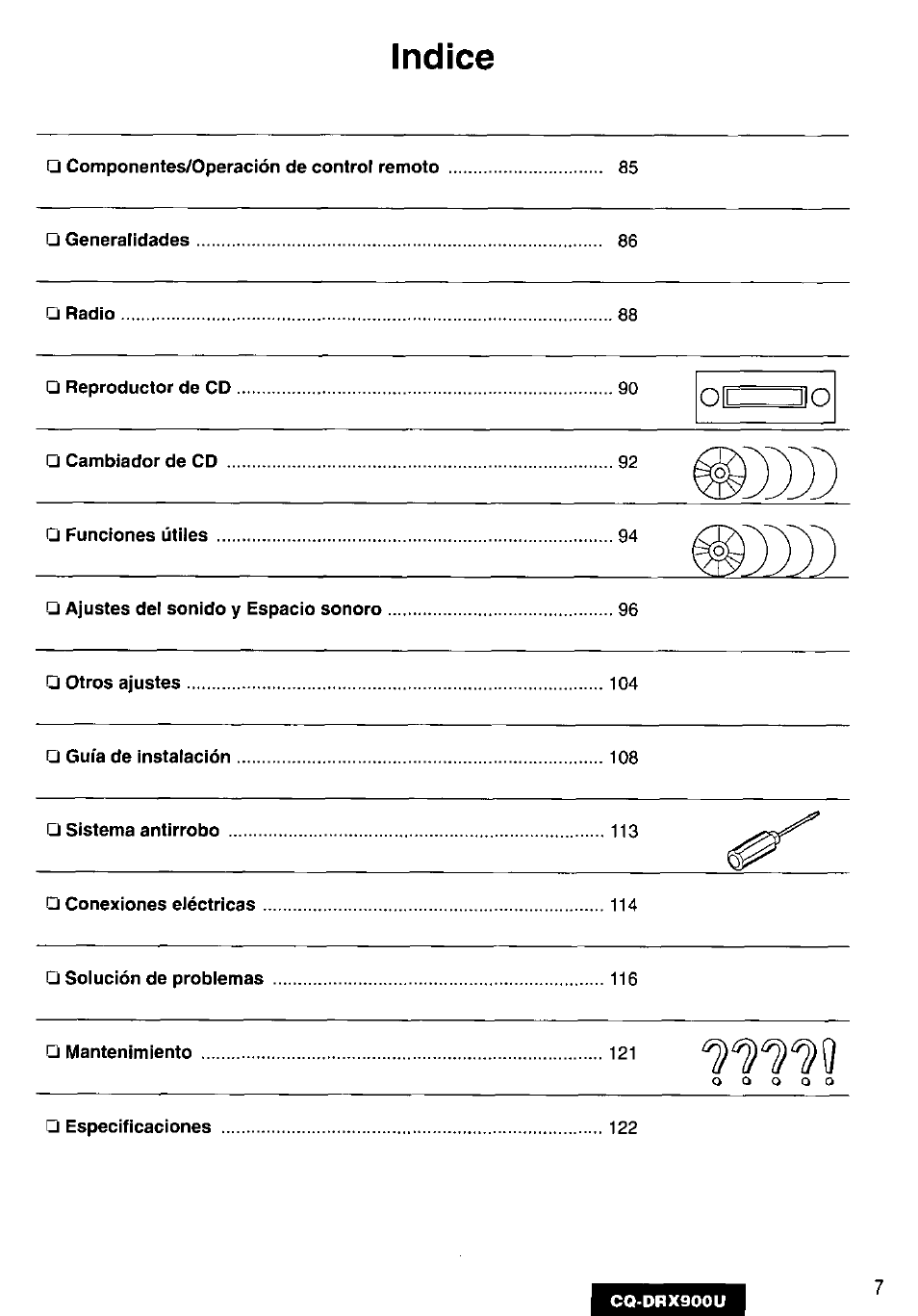 Indice, Nn\i | Panasonic CQDRX900U User Manual | Page 7 / 124