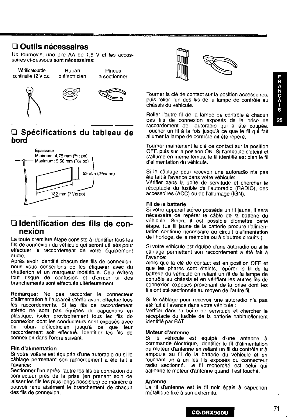 Outils nécessaires, Spécifications du tableau de bord, Identification des fils de con­ nexion | Panasonic CQDRX900U User Manual | Page 71 / 124