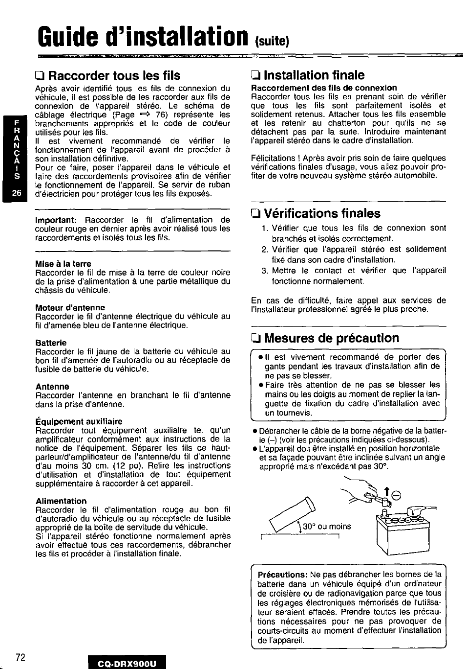 Guide d’installation, Suite) □ raccorder tous les fils, Installation finale | Vérifications finales, Mesures de précaution | Panasonic CQDRX900U User Manual | Page 72 / 124