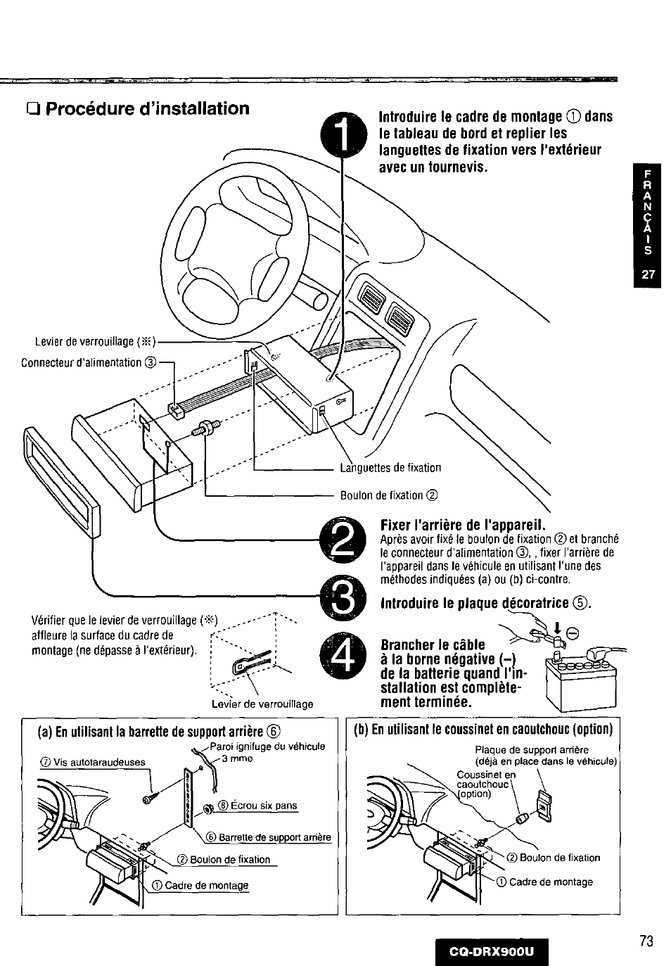 Procédure d’installation, A) en utilisant la barrette de support arrière | Panasonic CQDRX900U User Manual | Page 73 / 124