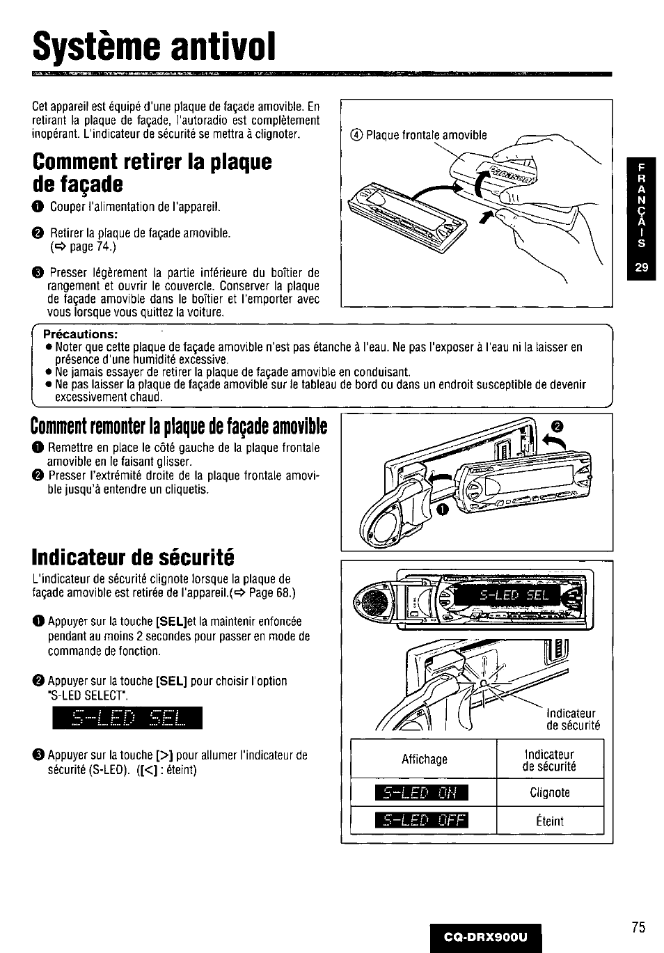 Système antivol, Comment retirer la plaque de façade, Comment remonter la plaque de façade amovible | Indicateur de sécurité | Panasonic CQDRX900U User Manual | Page 75 / 124