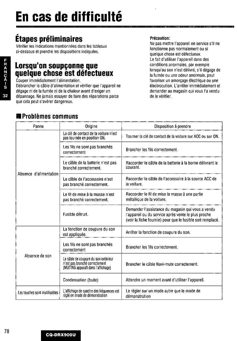 Etapes préliminaires, En cas de difficulté, 9 problèmes communs | Panasonic CQDRX900U User Manual | Page 78 / 124