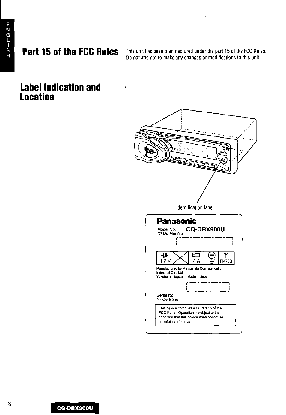 Part 15 of the fcc rules, Label indication and location, Panasonic | Panasonic CQDRX900U User Manual | Page 8 / 124