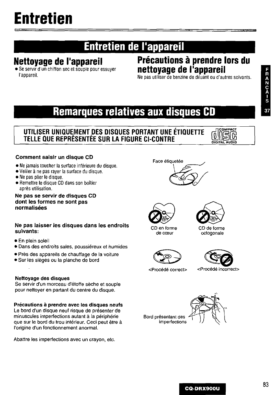 Entretien, Nettoyage de l'appareil, Entretien de l'appareil | Remarques relatives aux disques cd | Panasonic CQDRX900U User Manual | Page 83 / 124