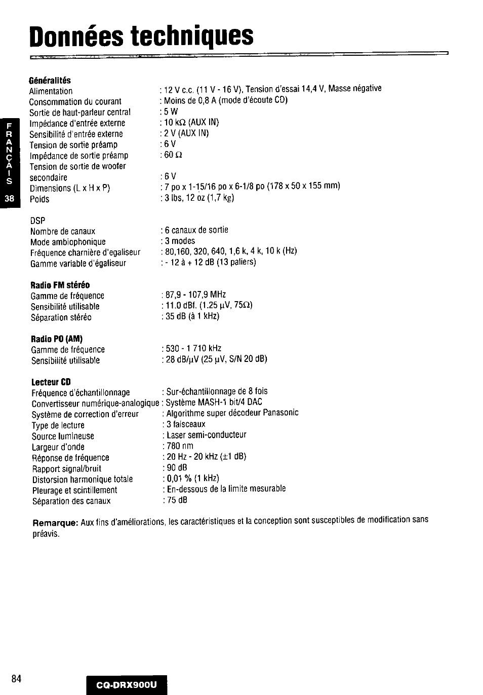 Données techniques | Panasonic CQDRX900U User Manual | Page 84 / 124