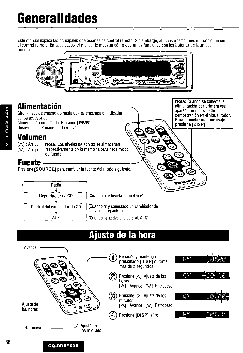 Generalidades, Alimentación, Volumen | Fuente, Ajuste de la hora | Panasonic CQDRX900U User Manual | Page 86 / 124