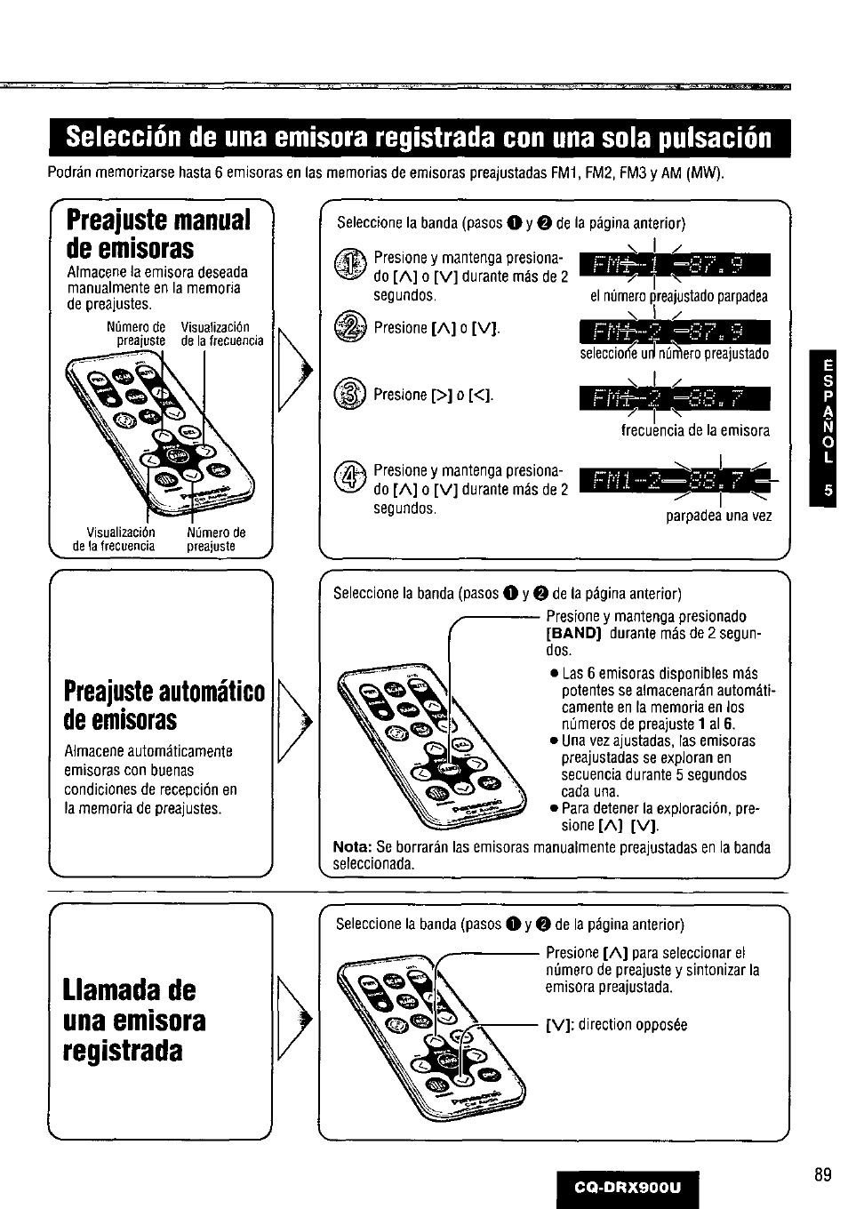 Preajuste manual de emisoras, Preajuste automático de emisoras, Llamada de una emisora registrada | S i x | Panasonic CQDRX900U User Manual | Page 89 / 124