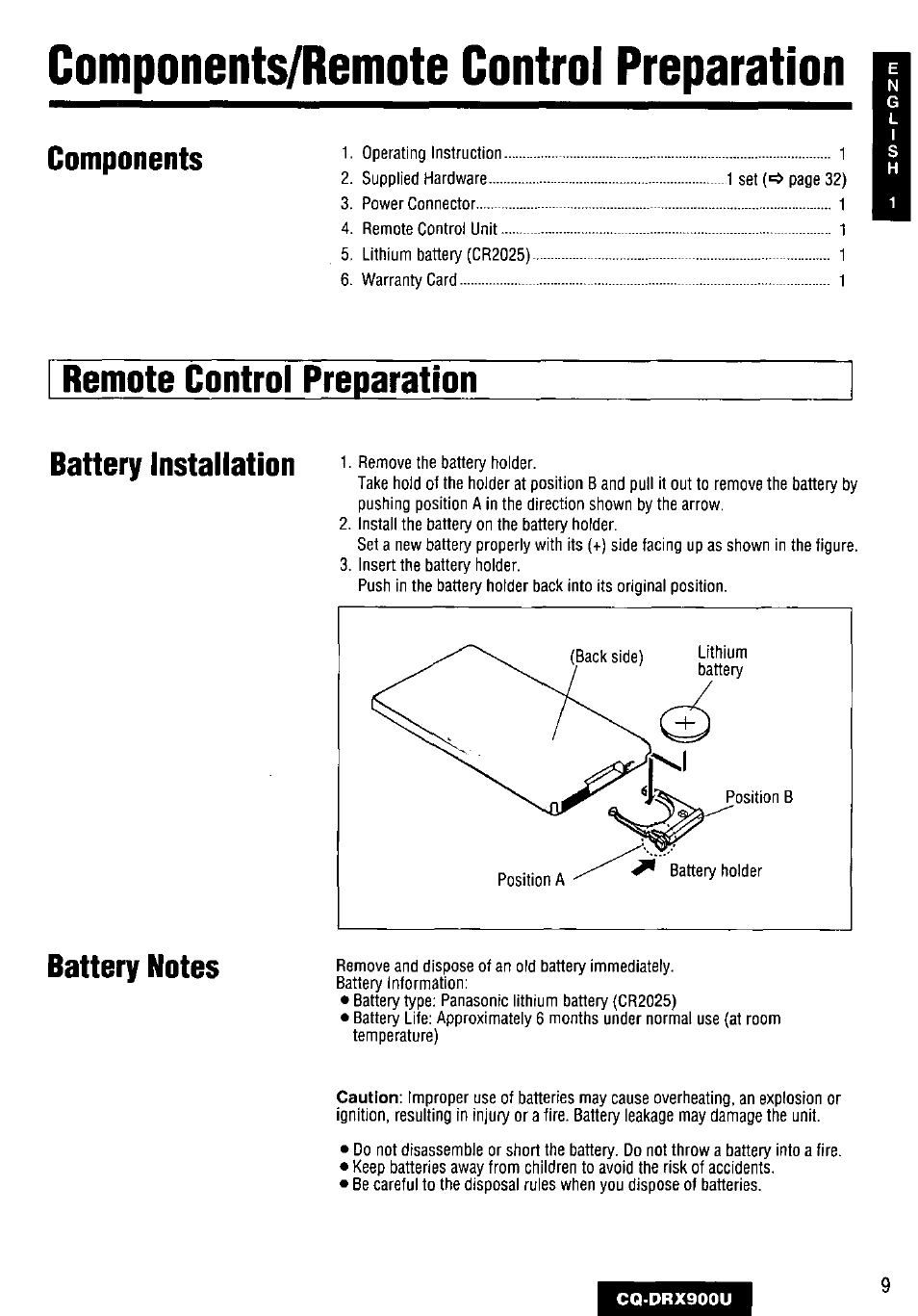 Components/remote control preparation, Remote control preparation, Components | Panasonic CQDRX900U User Manual | Page 9 / 124