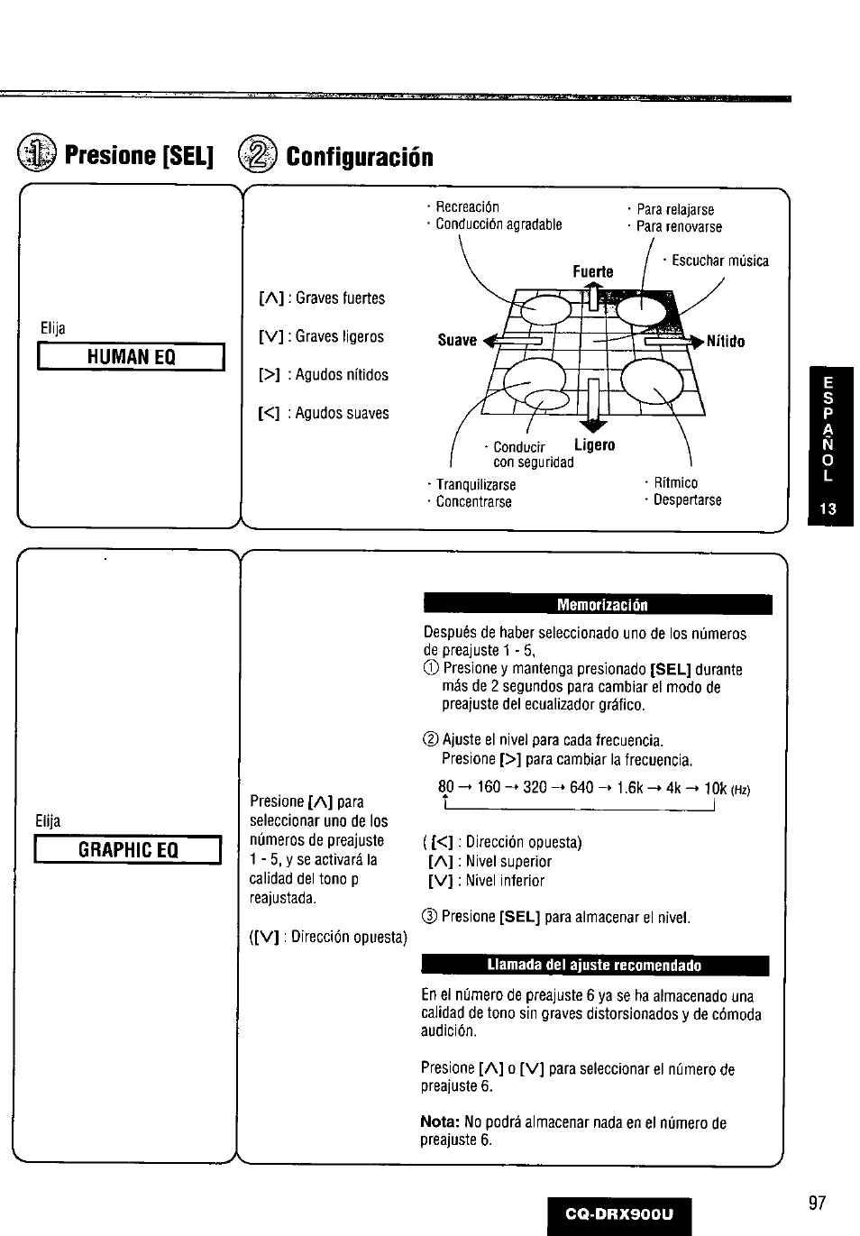 Graphic eq, Presione [sel] configuración | Panasonic CQDRX900U User Manual | Page 97 / 124