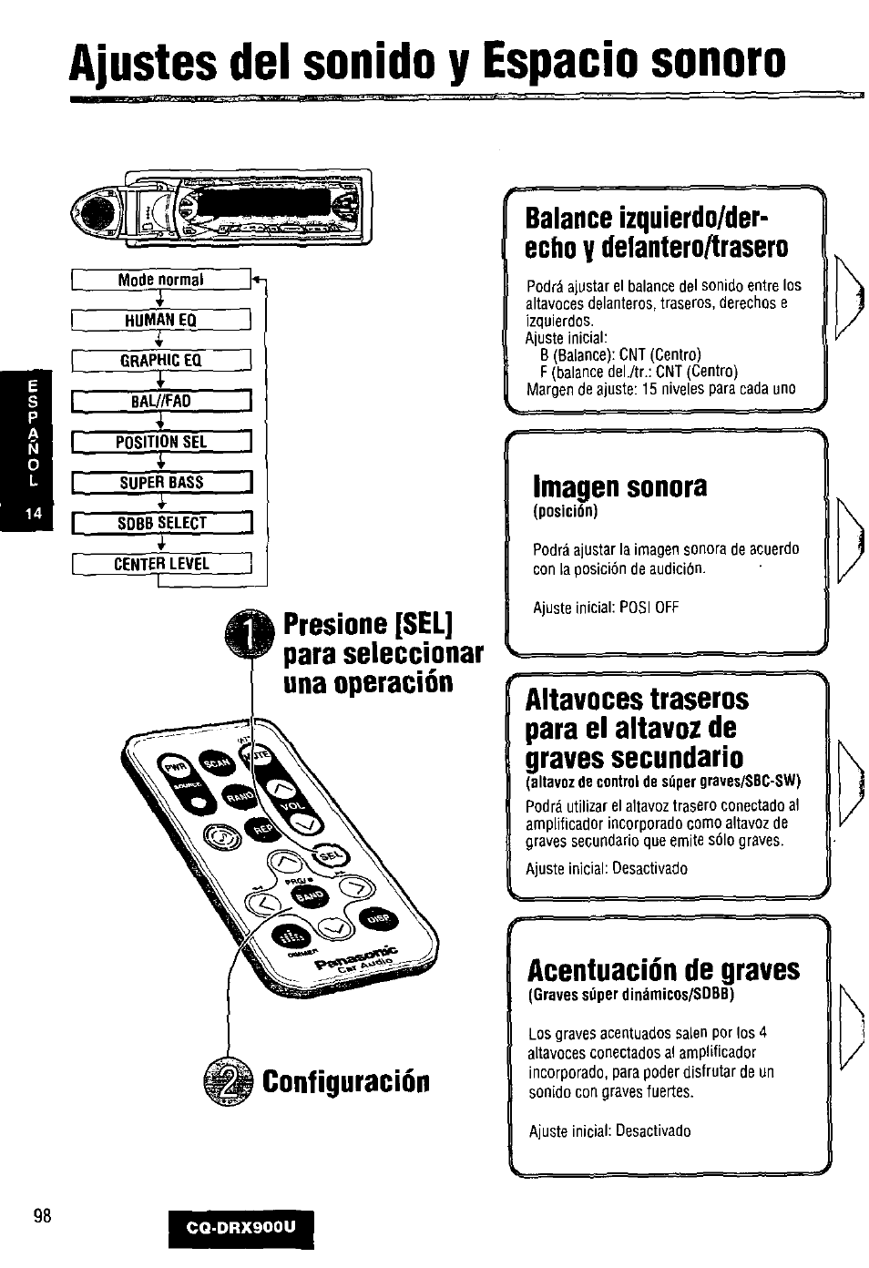 Ajustes del sonido y espacio sonoro, Imagen sonora, Acentuación de graves | Panasonic CQDRX900U User Manual | Page 98 / 124