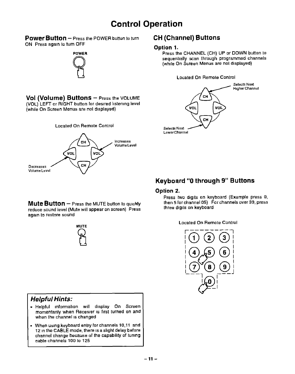 Control operation, Power button, Ch (channel) buttons | Vol (volume) buttons, Mute button, Heipful hints, Keyboard “0 through 9'' buttons | Panasonic CT-13R23 User Manual | Page 11 / 24