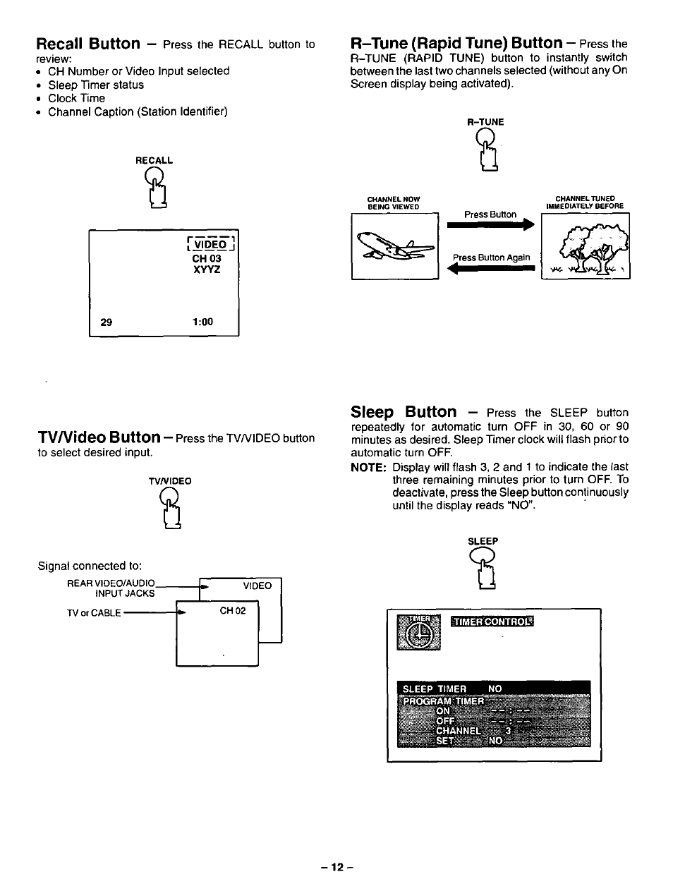 Csii button, R-tune (rapid tune) button, Tvatideo button | Sleep button | Panasonic CT-13R23 User Manual | Page 12 / 24