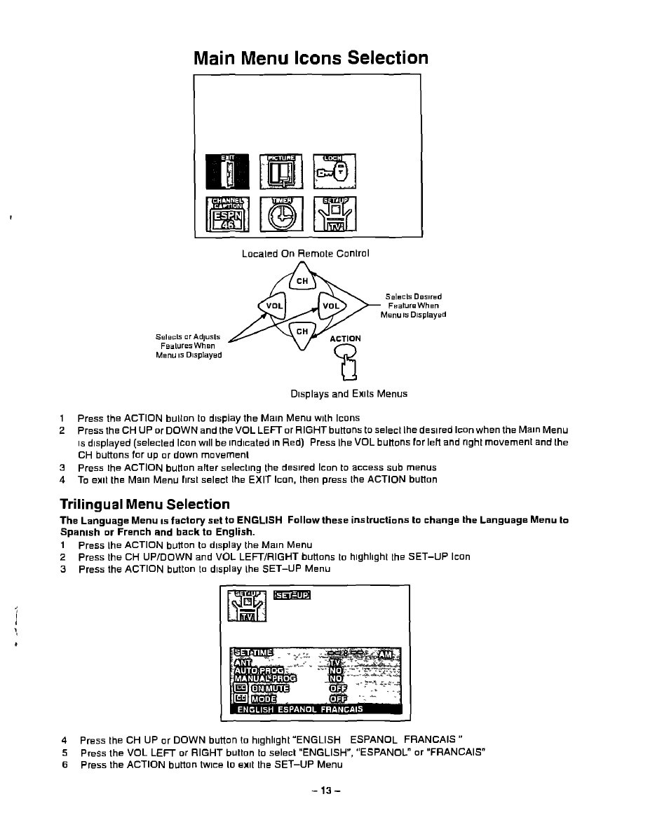Main menu icons selection, Trilingual menu selection | Panasonic CT-13R23 User Manual | Page 13 / 24