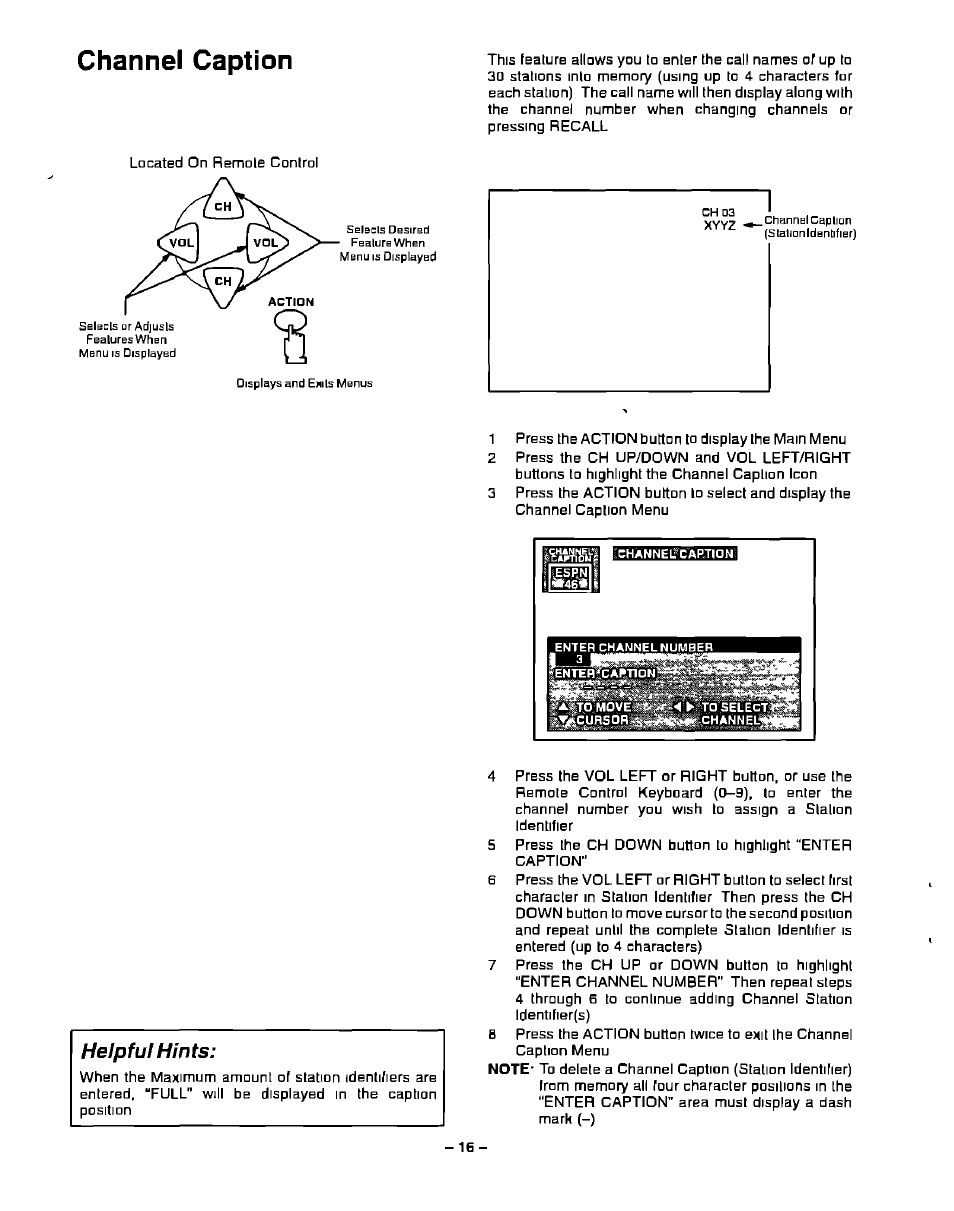 Channel caption, Helpful hints | Panasonic CT-13R23 User Manual | Page 16 / 24