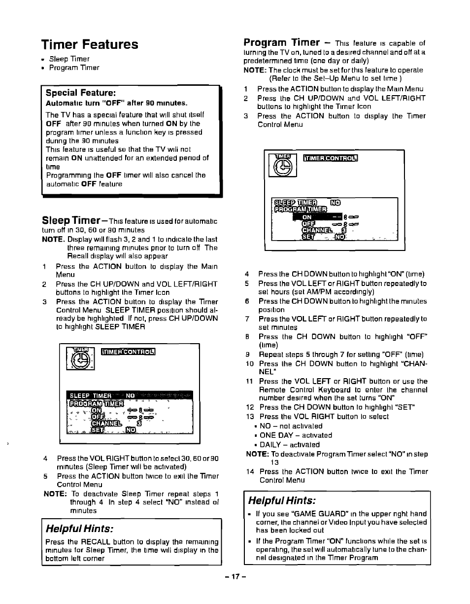 Timer features, Sleep timer, Helpfu! hints | Program timer, Helpful hints | Panasonic CT-13R23 User Manual | Page 17 / 24