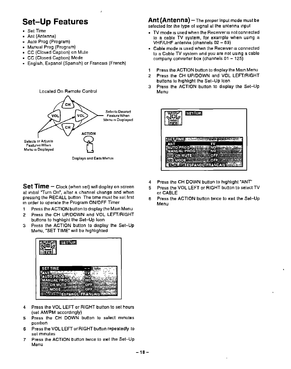 Set-up features, Ant (antenna) | Panasonic CT-13R23 User Manual | Page 18 / 24