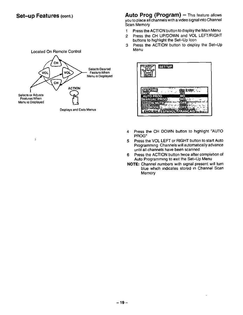 Set-up features, Auto prog (program) | Panasonic CT-13R23 User Manual | Page 19 / 24