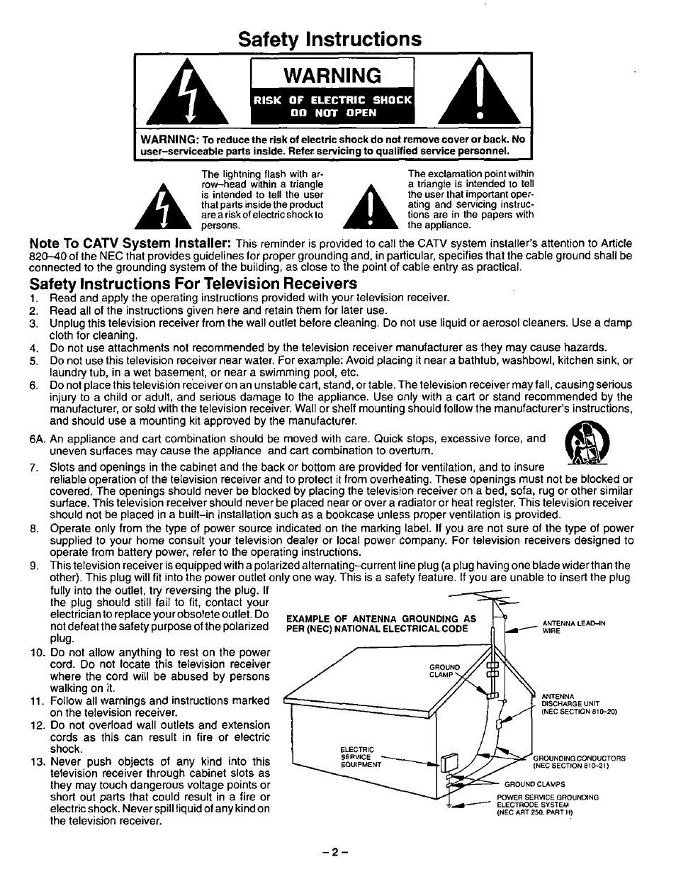 Safety instructions warning, Safety instructions for television receivers | Panasonic CT-13R23 User Manual | Page 2 / 24