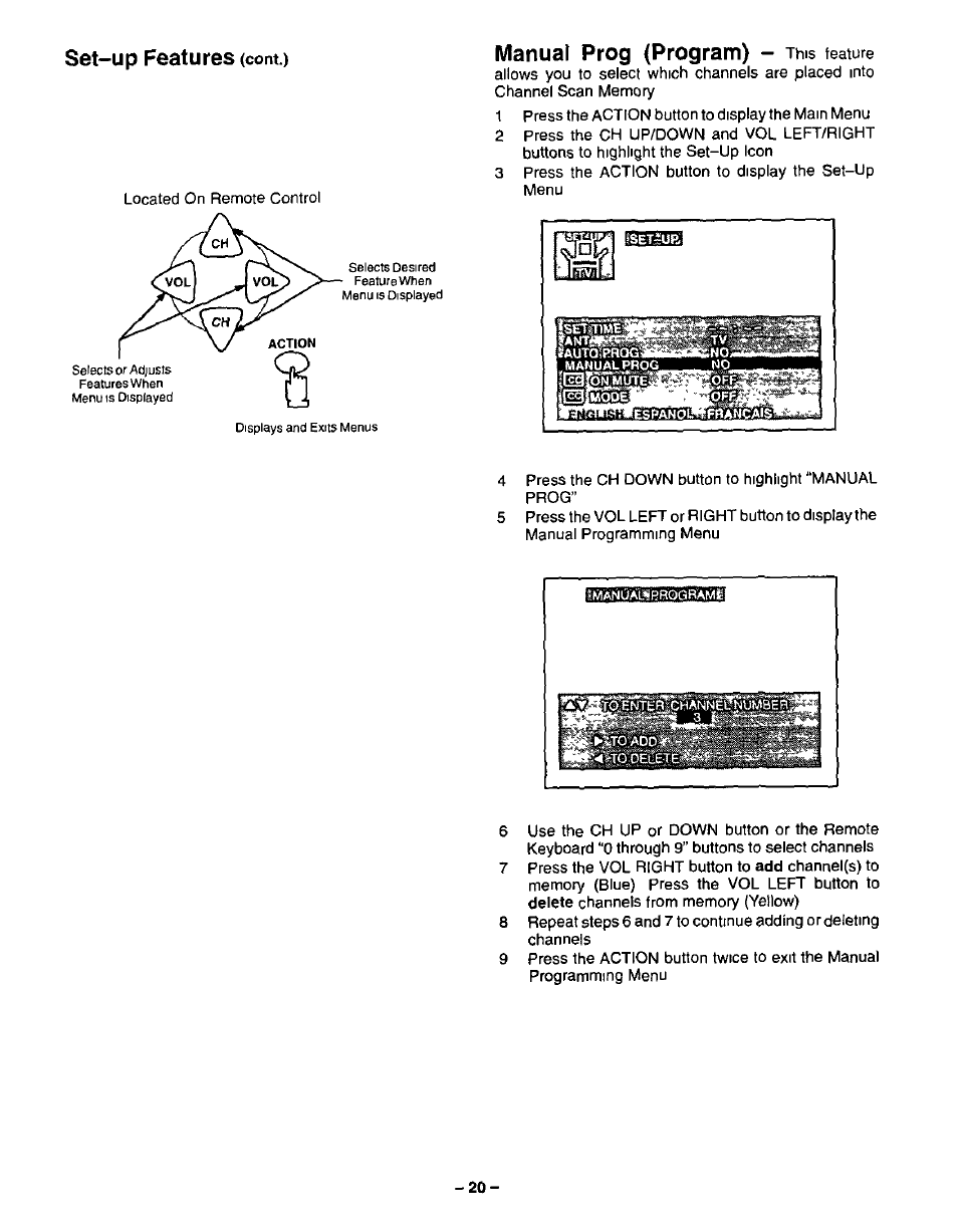 Set-up features (cont.), Manual prog (program) | Panasonic CT-13R23 User Manual | Page 20 / 24