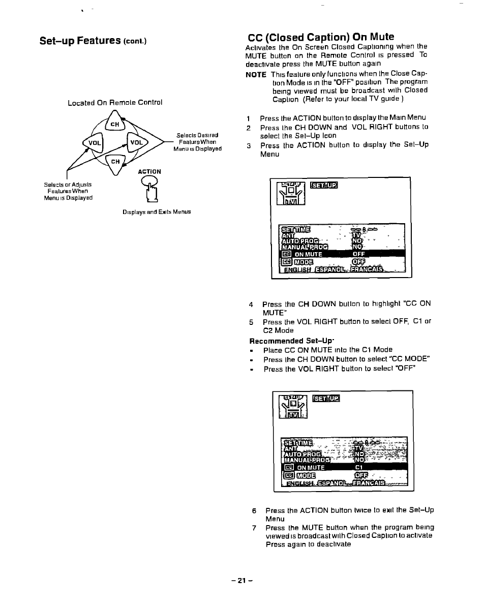 Set-up features, Cc (closed caption) on mute | Panasonic CT-13R23 User Manual | Page 21 / 24