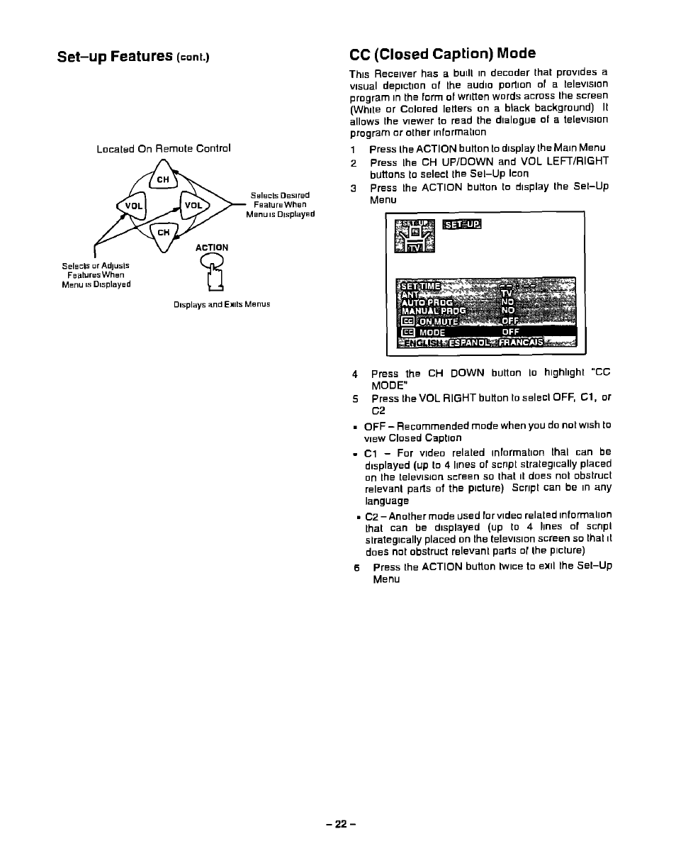 Set-up features, Cc (closed caption) mode | Panasonic CT-13R23 User Manual | Page 22 / 24