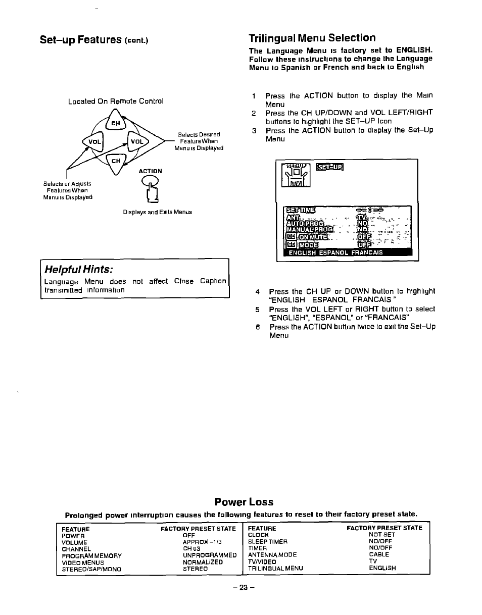 Set-up features, Trilingual menu selection, Helpful hints | Power loss | Panasonic CT-13R23 User Manual | Page 23 / 24