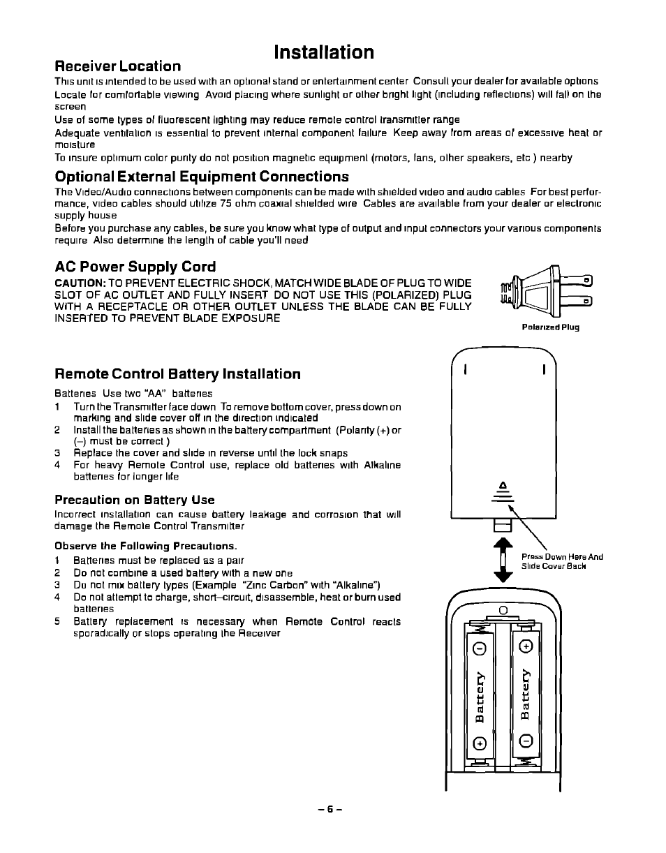 Installation, Receiver location, Optional external equipment connections | Ac power supply cord, Remote control battery installation | Panasonic CT-13R23 User Manual | Page 6 / 24