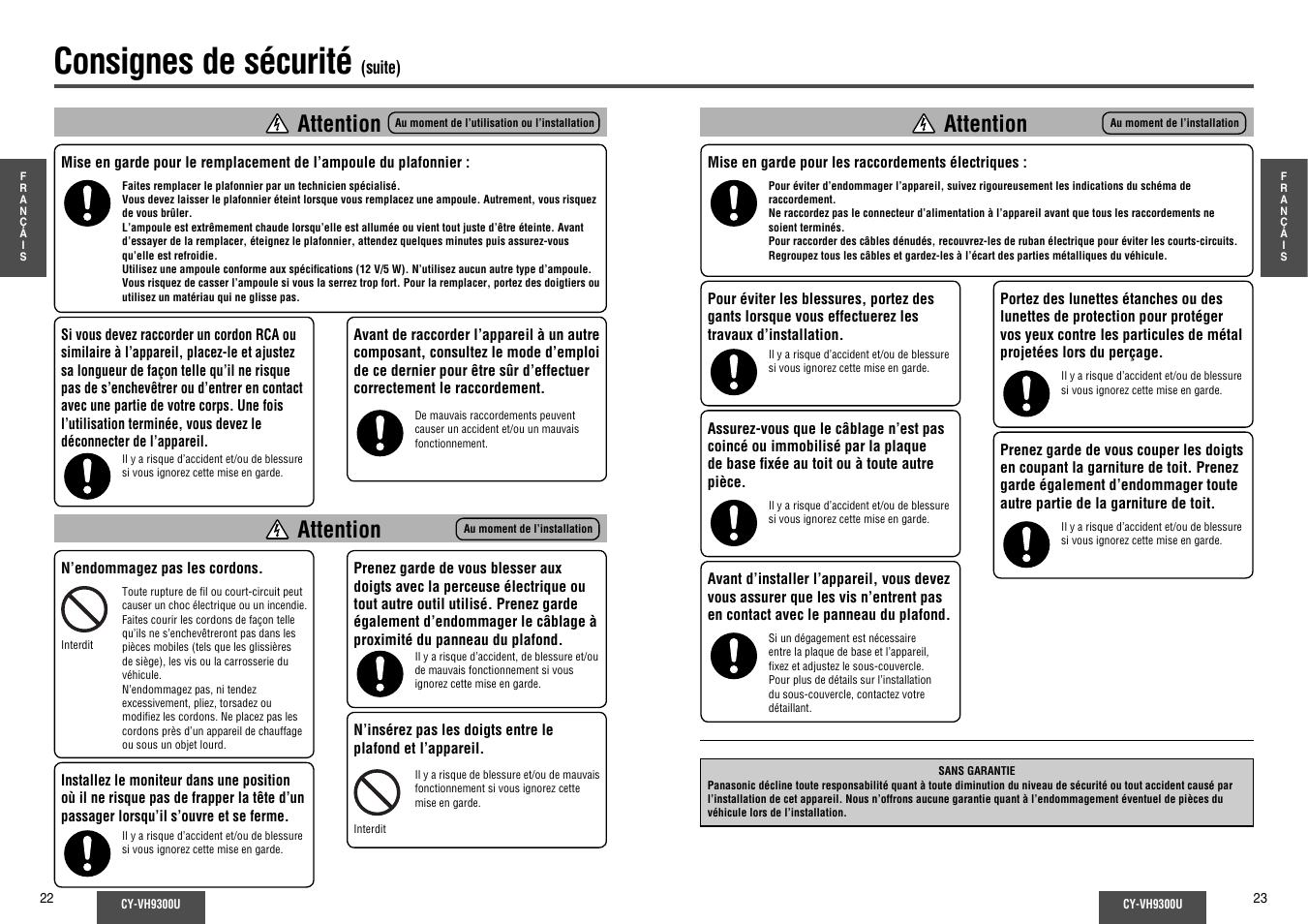 Consignes de sécurité, Attention | Panasonic CY-VH9300U User Manual | Page 12 / 83