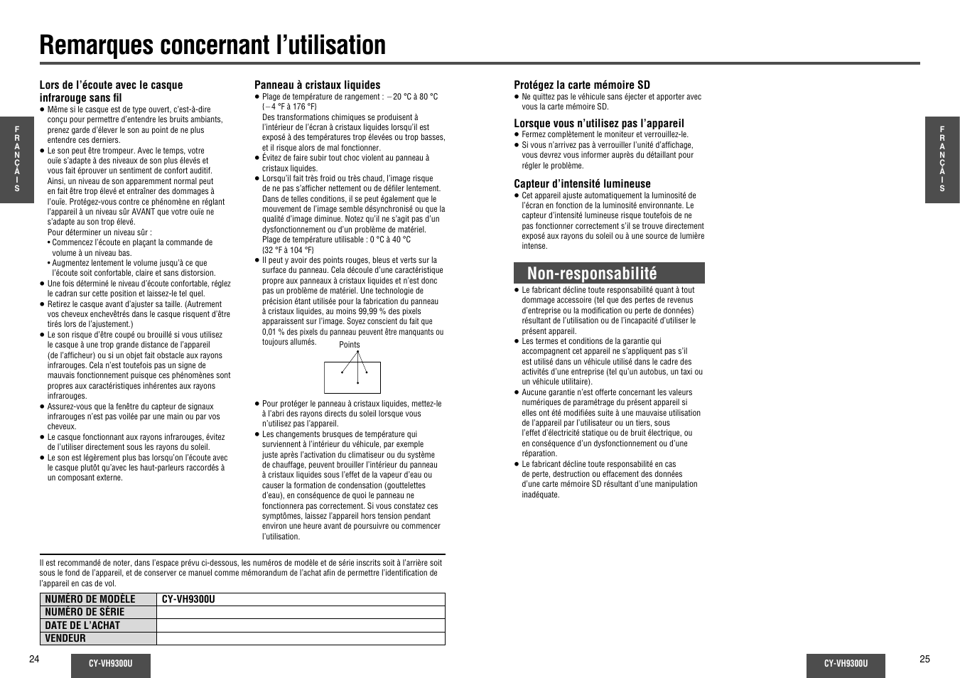 Remarques concernant l'utilisation, Remarques concernant l’utilisation, Non-responsabilité | Panasonic CY-VH9300U User Manual | Page 13 / 83