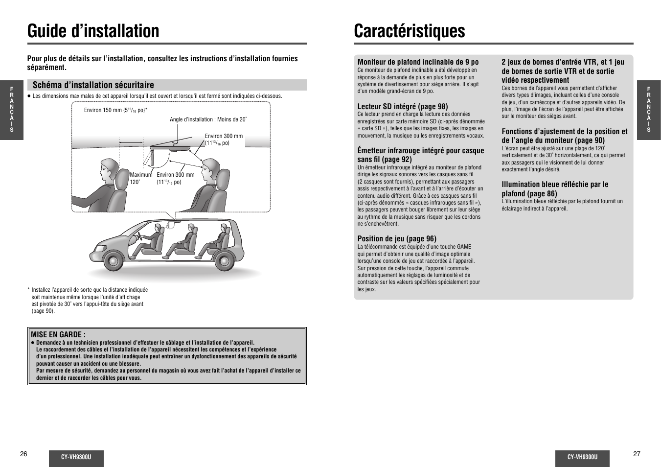 Guide d'installation, Caracteristiques, Guide d’installation caractéristiques | Panasonic CY-VH9300U User Manual | Page 14 / 83