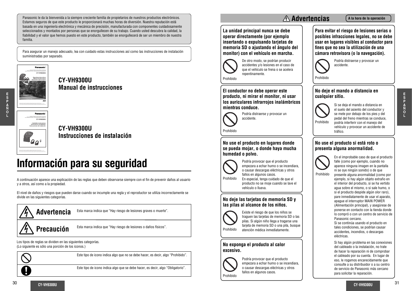 Informacion para su seguridad, Información para su seguridad, Advertencia | Advertencias, Precaución | Panasonic CY-VH9300U User Manual | Page 16 / 83