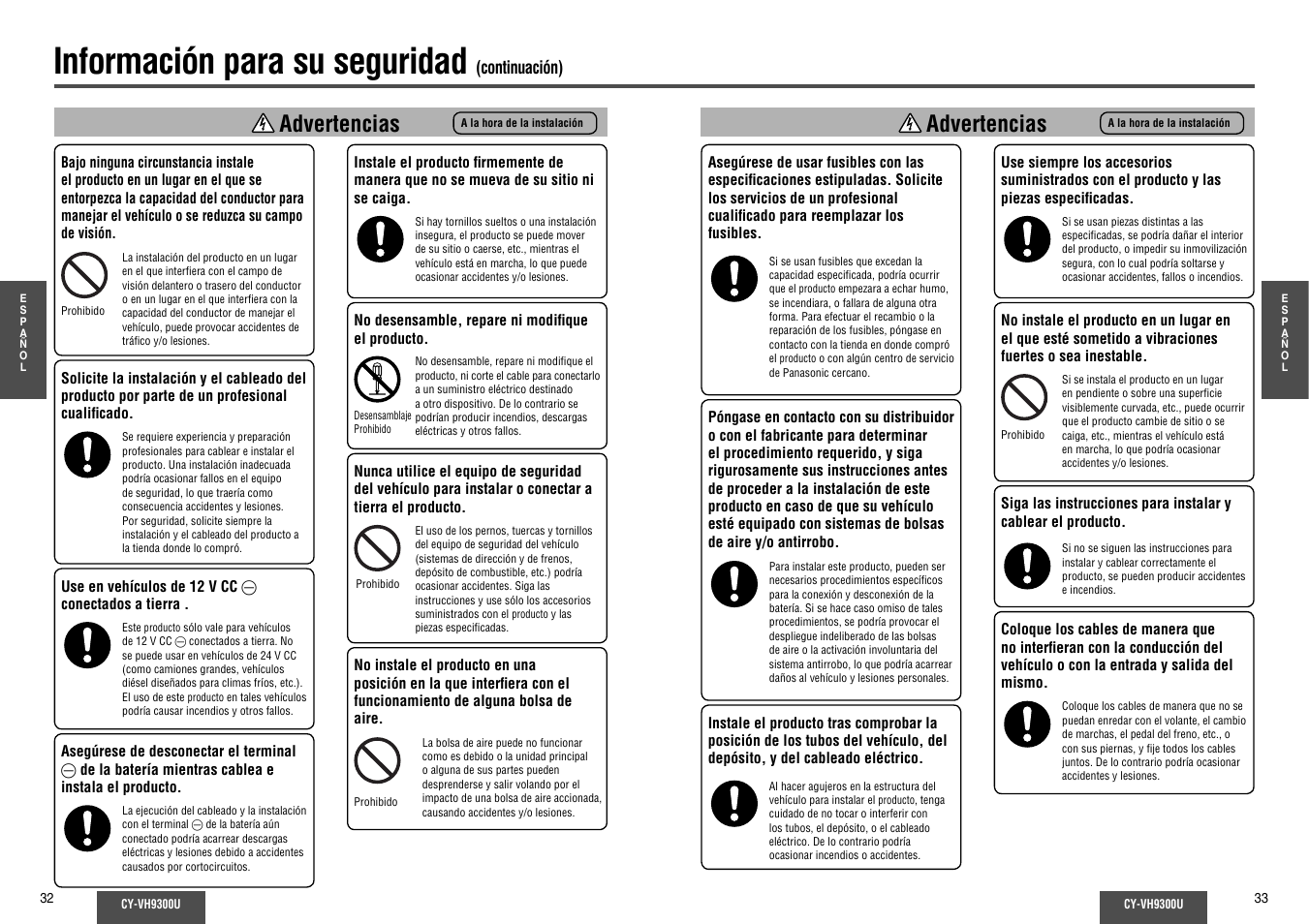 Información para su seguridad, Advertencias | Panasonic CY-VH9300U User Manual | Page 17 / 83