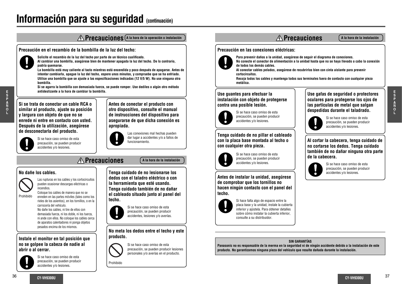 Información para su seguridad, Precauciones | Panasonic CY-VH9300U User Manual | Page 19 / 83