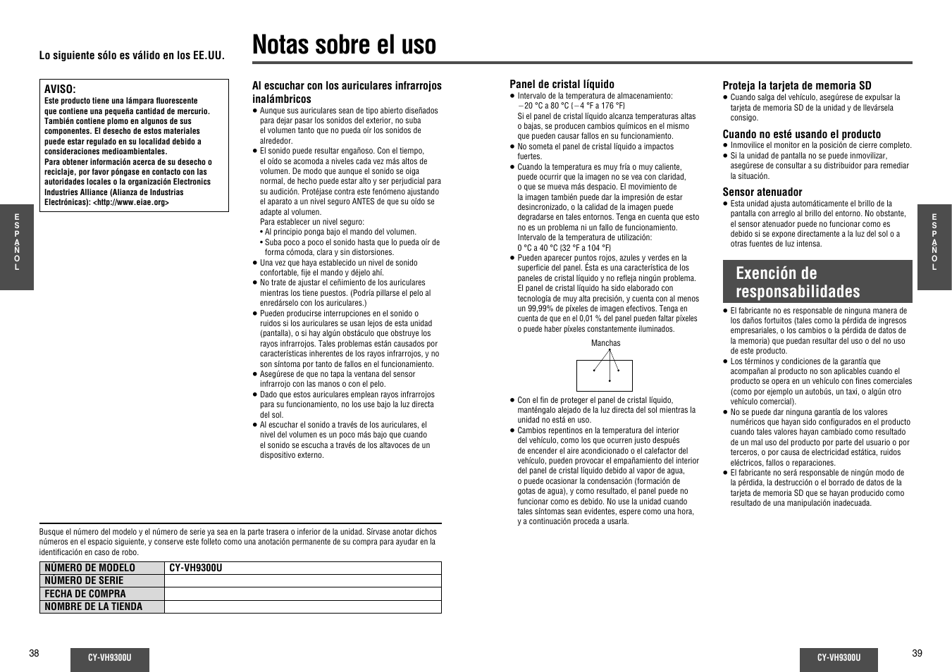 Notas sobre el uso, Exención de responsabilidades | Panasonic CY-VH9300U User Manual | Page 20 / 83