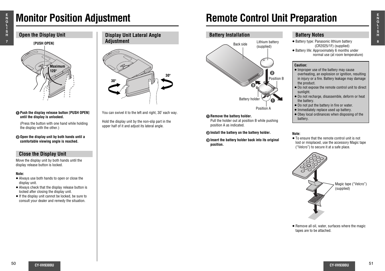 Monitor position adjustment, Remote control unit preparation | Panasonic CY-VH9300U User Manual | Page 26 / 83