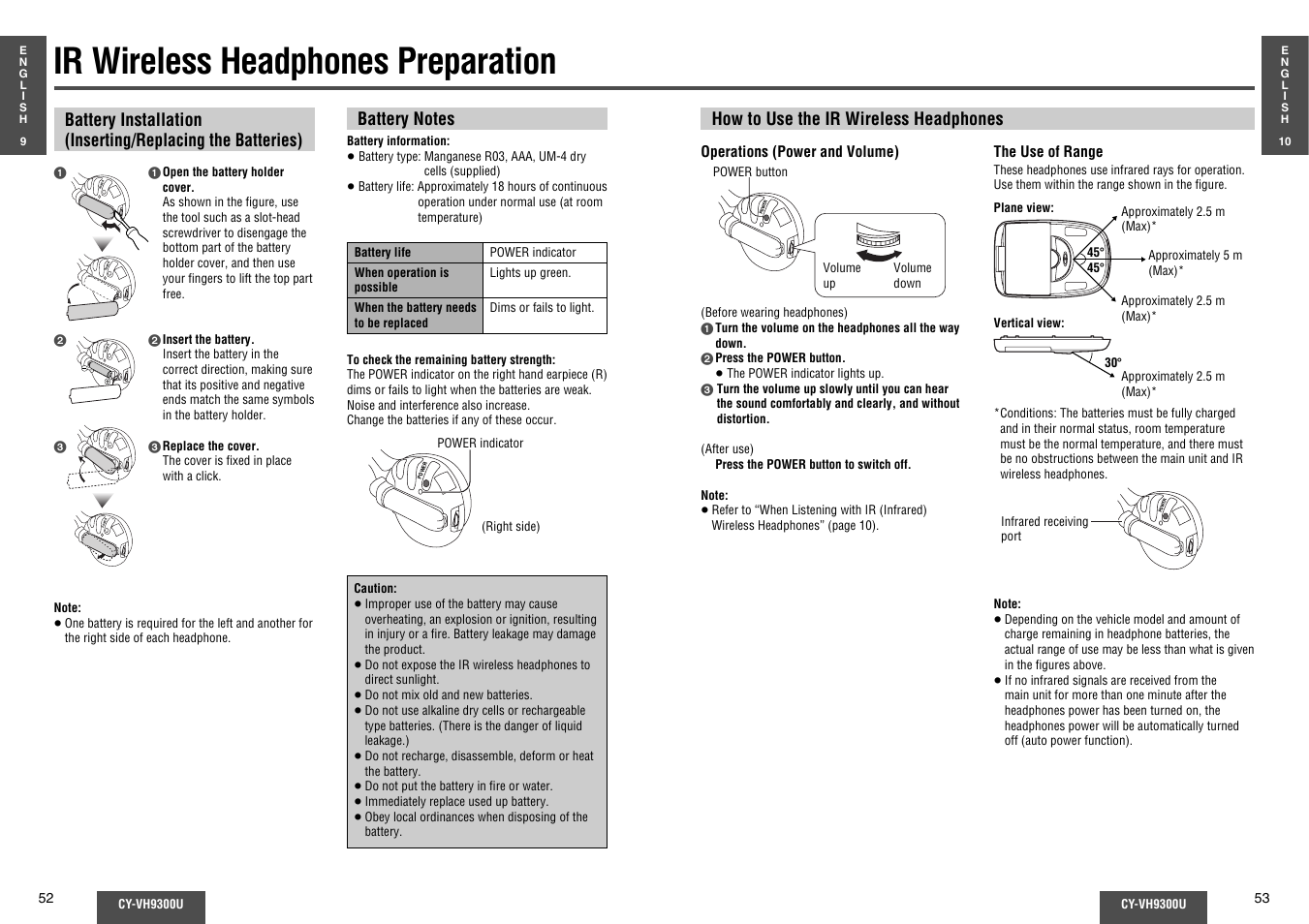 Ir wireless headphones preparation, Power | Panasonic CY-VH9300U User Manual | Page 27 / 83