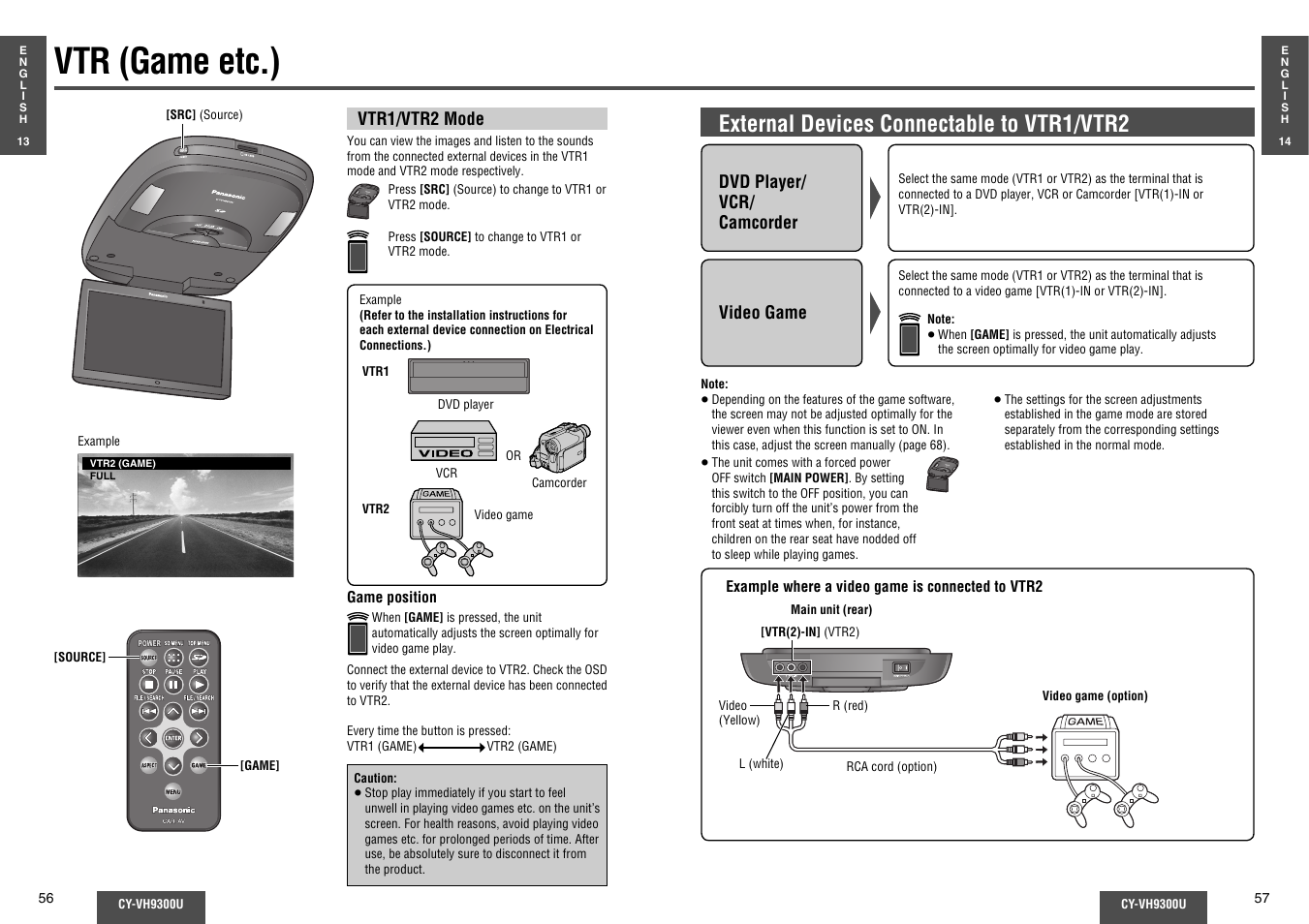 Vtr (game etc.), External devices connectable to vtr1/vtr2 | Panasonic CY-VH9300U User Manual | Page 29 / 83