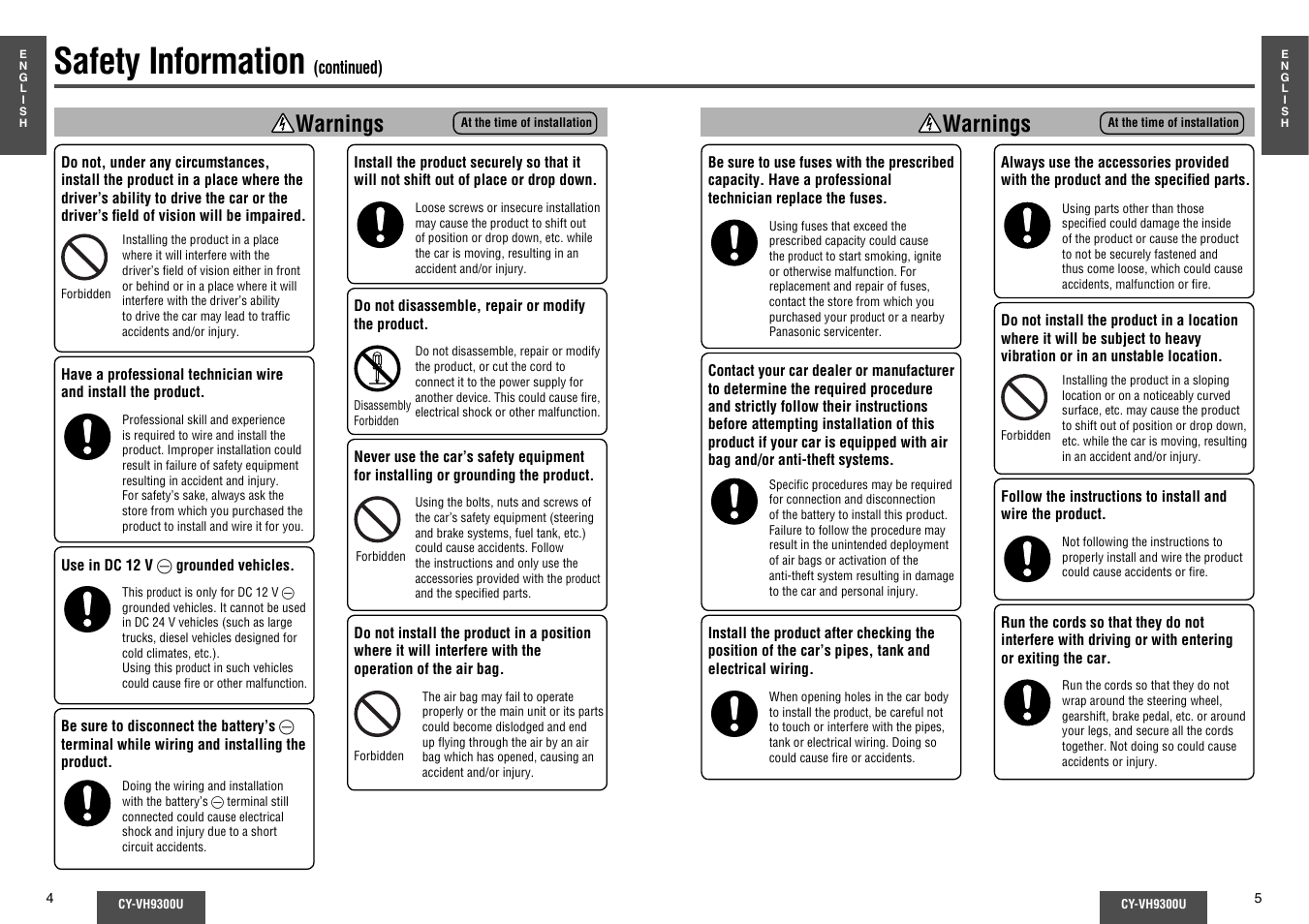 Safety information, Warnings | Panasonic CY-VH9300U User Manual | Page 3 / 83