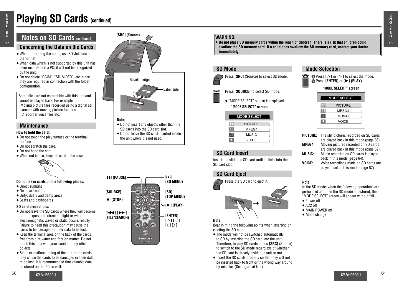 Playing sd cards | Panasonic CY-VH9300U User Manual | Page 31 / 83