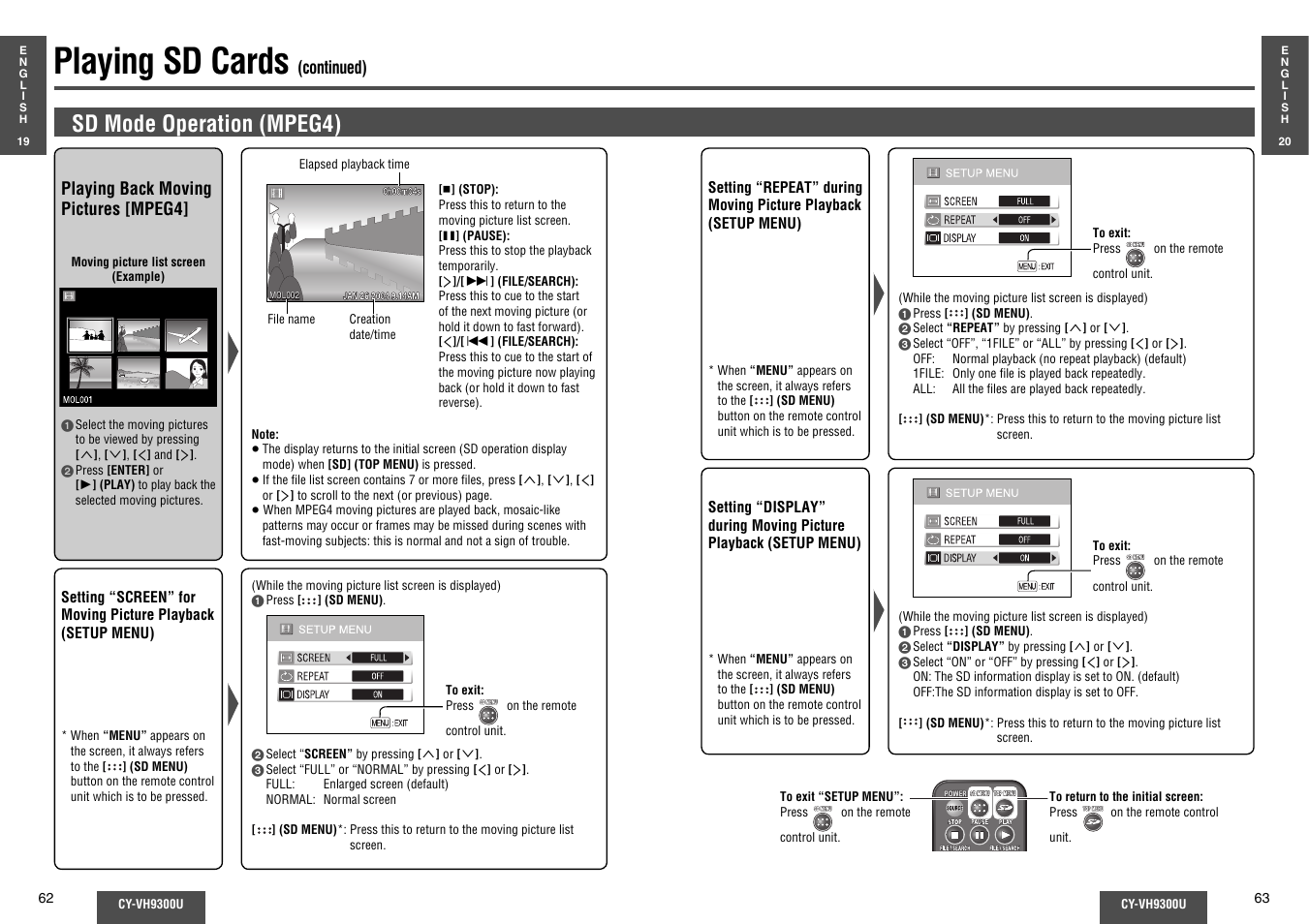 Playing sd cards, Sd mode operation (mpeg4) | Panasonic CY-VH9300U User Manual | Page 32 / 83