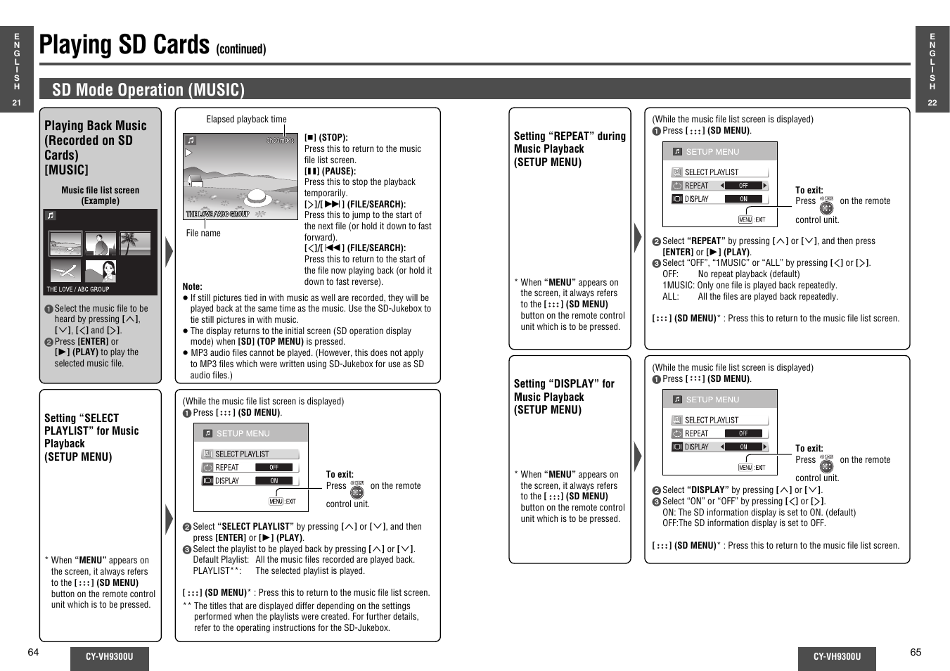 Playing sd cards, Sd mode operation (music) | Panasonic CY-VH9300U User Manual | Page 33 / 83